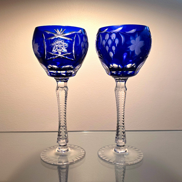 2 Anna Hutte Bleikristal Cobalt Blue Crystal Hock Wine Glasses 8.25” Vintage - Picture 1 of 15
